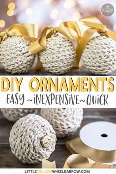 crocheted christmas ornaments with gold ribbon on them and the words, diy ornaments easy