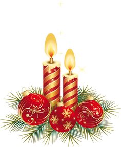 three candles with christmas decorations and pine branches