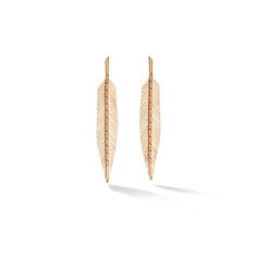 Medium 18K Rose Gold Feather Dangle Earrings - 3.25 inches | Rose Gold Feather Earrings | Cadar Rose Gold Dangle Earrings, Gold Feather Earrings, Double Heart Ring, Gold Dangle Earrings, Gold Feathers, Italian Craftsmanship, Instagram Filter, Gold Earrings Dangle, Feather Earrings