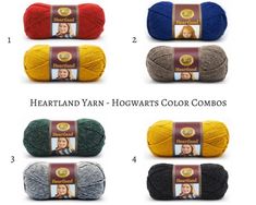 four skeins of yarn in different colors and sizes, with the words heartland yarn