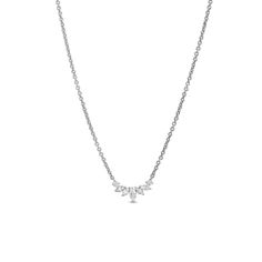 A delightful addition to any attire, this dainty diamond necklace design brings a touch of sparkle. 10K white gold Five marquise-cut diamonds flanked by round diamonds create the curved display 1/5 ct. t.w. of diamonds 16.0- to 18.0-inch adjustable cable chain necklace; lobster claw clasp Timeless Silver Marquise Diamond Necklace, Fine Jewelry Marquise Platinum Necklace, Marquise Platinum Necklace Fine Jewelry, White Gold Marquise Platinum Necklace, Platinum Marquise Necklace For Anniversary, Classic Platinum Necklace With Rose Cut Diamonds, Timeless White Gold Marquise Necklace, Marquise White Gold Cubic Zirconia Diamond Necklace, Marquise Diamond Necklace In White Gold With Diamond Accents