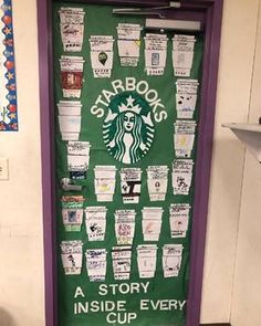 a starbucks door is decorated with newspaper clippings and coffee cups as the words starbucks are on it