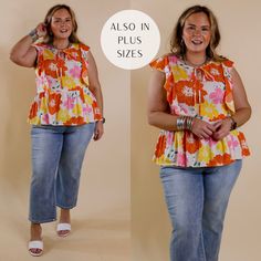 Model is wearing an ivory tank top with ruffle cap sleeves, a peplum hem, a front keyhole, and a pink, orange, and yellow floral print. Model has it paired with cropped jeans, white heels, and silver jewelry. Floral Babydoll Top, Ivory Background, Giddy Up Glamour, Babydoll Style, Judy Blue Jeans, Pink And Yellow, Babydoll Top, Spring Season, Yellow Floral