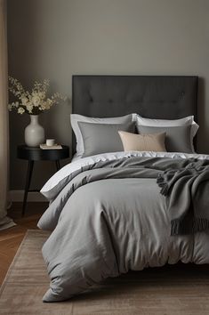 a bed with grey linens and pillows in a gray room next to a window