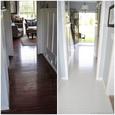 before and after photos of a house's hallway with white walls, wood floors and doors