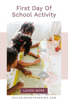 three children are sitting at a table with pencils in their hands and the words first day of school activity