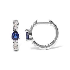 Indulge in the captivating allure of these exquisite 10K White Gold Huggy Hoop Earrings. Crafted with precision, these earrings feature a pear-shaped blue sapphire, radiating its mesmerizing hue. Adorned with a total of 12 dazzling round diamonds, these earrings offer a touch of elegance and sophistication. The diamonds, with a color grade of H-I, are set in a pave setting, enhancing their brilliance. The lever-back finding ensures a secure and comfortable fit. The sapphire gemstones, treated fo Elegant Sapphire Hoop Earrings, Sapphire Hoop Earrings For Anniversary Fine Jewelry, Sapphire Hoop Earrings For Anniversary, Teardrop White Gold Diamond Hoop Earrings, Fine Jewelry Sapphire Hoop Earrings In White Gold, Teardrop Diamond Hoop Earrings In White Gold, Elegant Sapphire Hoop Earrings With Prong Setting, White Gold Diamond Accent Teardrop Huggie Earrings, White Gold Teardrop Huggie Earrings With Diamond Accents