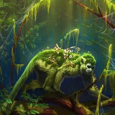 a painting of a green creature in the woods with moss growing on it's back