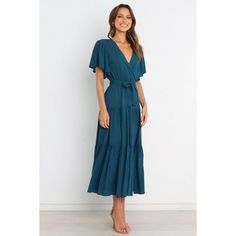 Petal and Pup Barker Dress - Teal S Belted V-neck Summer Dress, V-neck Tie Waist Dress For Day Out, Chic V-neck Wrap Dress For Day Out, Chic Short Sleeve V-neck Dress For Brunch, Summer V-neck Belted Midi Dress, Blue V-neck Wrap Dress With Ruffles, Fall V-neck Midi Dress With Tie Waist, Summer Midi V-neck Dress With Tie Waist, V-neck Midi Dress With Tie Waist For Party