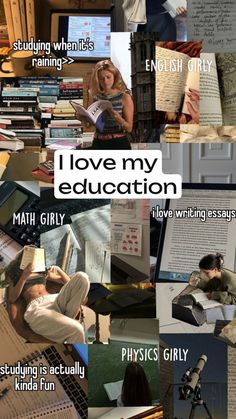 i love my education collage with images of students and books in the background,