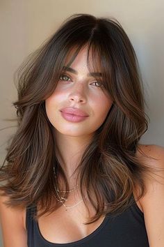 Layered Hair For Brunettes, Long Layer Hair Cuts For Women, Long Bob Shaggy Layers, Medium Length Long Bangs, Medium Length Haircut Layers And Bangs, Medium Length Hair Bangs Layers, Dark Brown Medium Length Hair With Bangs, Medium Length Haircut Short Layers, Hair Layers Around Face