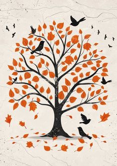 an orange tree with birds flying around it and leaves falling off the branches in the wind