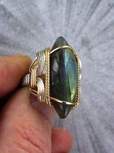 Large Labradorite Ring in Sterling Silver and 14kt Rolled Gold Made to Fit You Size 5 to 15 - Etsy Unique 14k Gold Wire Wrapped Jewelry, Unique Wire Wrapped Rings For Anniversary, Unique Hand Wrapped Jewelry For Anniversary, Sculpted Jewelry, Copper Wire Art, Wire Jewelry Rings, Wrapping Jewelry, Wire Jewellery, Big Ring