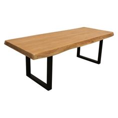 a wooden table with black metal legs on a white background