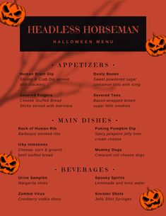 the halloween menu for headless horseman