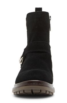 A buckle strap punctuates this sleek suede bootie with moto attitude, while the waterproof finish ensures everyday utility. Waterproof: protects against rain, puddles and slush to keep feet dry in wet conditions 1 1/2" heel 5 1/2" shaft Memory foam cushioning Leather upper/synthetic lining/rubber sole Imported Winter Moto Boots With Buckle Closure, Suede Boots With Buckle Closure For Work, Winter Moto Boots With Buckle Closure For Outdoor, Weatherproof Suede Ankle Boots, Winter Outdoor Moto Boots With Buckle Closure, Fall Suede Moto Boots With Buckle Closure, Outdoor Ankle Boots With Buckle Closure, Winter Suede Boots With Buckle Closure, Suede Workwear Boots With Buckle Closure