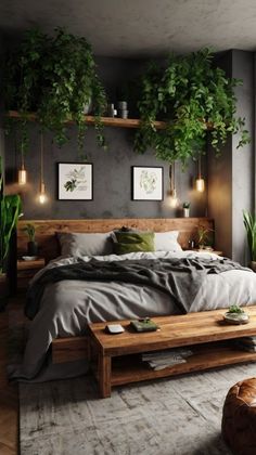 a bedroom with plants hanging above the bed