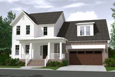 a two story house with white siding and brown garage doors on the second floor is shown