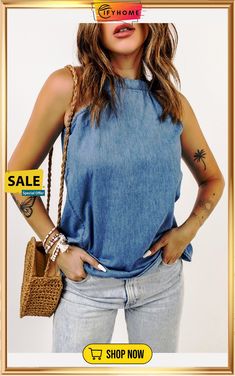 Sky Blue Halter Neck Denim Tank Top Trendy Denim Blue Vest For Day Out, Light Blue Denim Tops For Fall, Medium Wash Denim Tops For Day Out, Summer Dark Wash Denim Vest For Day Out, Casual Medium Wash Denim Top For Spring, Fall Light Blue Denim Tops, Blue Sleeveless Denim Top, Trendy Denim Blue Top For Spring, Non-stretch Denim Top For Spring