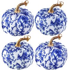 four blue and white pumpkins with designs on them