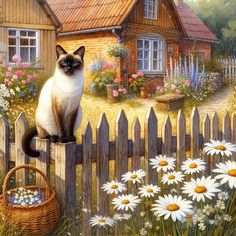 a painting of a cat sitting on a fence next to a basket and flowers in front of a house