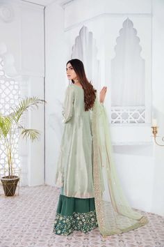 SKU: 604 Price for Shirt & garara and lining Shimmer fabric with embroidered chiffon fabric, handwork of gold zardozi, tilla, french knots, sequence, kora and dabka. 3 layered dhaka pyjama is perfect for any occasion. Pista Green Sharara With Dabka Work And Traditional Drape, Pista Green Sharara With Dabka Work, Eid Tissue Silk Sharara With Straight Kurta, Pista Green Dola Silk Palazzo Set With Dabka Work, Semi-stitched Pista Green Raw Silk Sharara, Eid Sharara With Mirror Work In Georgette, Eid Georgette Sharara With Mirror Work, Unstitched Sharara With Mirror Work And Traditional Drape, Pista Green Raw Silk Sharara With Dupatta