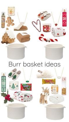 several baskets filled with different types of christmas items and decorations, including gifts for the holiday season