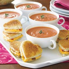 sandwiches and soups are served on a platter