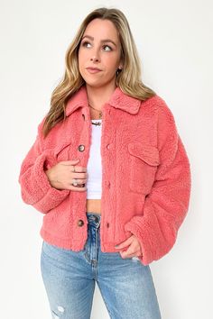 Details: Long sleeve cozy sherpa jacket with button down front - Long sleeves- Cozy sherpa Content100% polyesterSize + Fit - Model is 5'8" and 5'4" and are wearing a size Small - Measurements from a size Small CHEST:50''LENGTH:20''WAIST:50''SLEEVE LENGTH:23'' Brand: Double Zero Double Zero, Tea Rose, Sherpa Jacket, Small Chest, Whipped Cream, Final Sale, Fitness Models, Coats Jackets, Sleeve Length