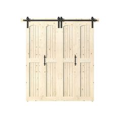 an open wooden door with black hardware on the top and bottom bars, against a white background