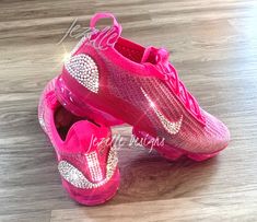 Custom Hand Jeweled Air Max Sneakers w/ Ultra-Premium SWAROVSKI Crystals!  ★ STYLE:  WOMEN'S AIR VAPORMAX  2021 FK Running Shoes  ★ Color for THIS listing: >> Hyper PINK OTHERS listed in our shop include: (1) Multicolor: Pink, Blue, Blk (2) LILAC/Black/Blue (2) BLACK (shown above blinged out Other colors available... message if interested in *white, *black, red, cheetah, *beige, *light pink, *other purples, *many other colorways BLING Placement OPTIONS: 💎  Outer 2 sides swoosh logos: Approx. 10 Pink Embellished Sneakers For Party, Pink Rhinestone Party Sneakers, Pink Embellished Sneakers With Round Toe, Pink Embellished Round Toe Sneakers, Pink Sparkling Sneakers With Round Toe, Colorful Gym Shoes, Glitter Pics, Swarovski Nike, Nike Shoes Women Fashion