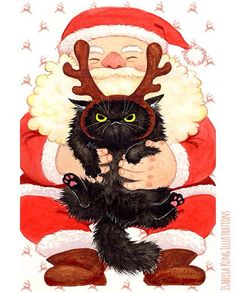 a drawing of santa claus holding a black cat