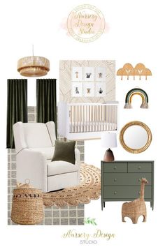 a baby's nursery room with green and white accessories, including a crib