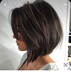 Brunette Asymmetrical Bob, Short Length Hair With Layers Straight, Black Bob With Highlights, Bre Tiesi Style, Tiffani Thiessen Hair, Graduated Bob Haircuts Medium, Graduated Lob, Shoulder Length Hair With Side Bangs, Soft Layers Short Hair