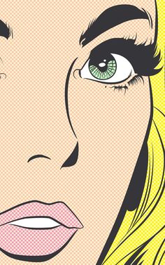 a woman's face with long hair and green eyes is shown in the pop art style