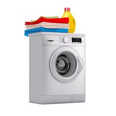 a washing machine with clothes and detergents on the top, isolated against a white background