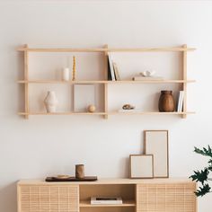 a wooden shelf with books and vases on it next to a plant in a white room