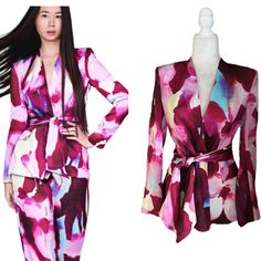 New With The Tag! Gorgeous Zara Magenta Pink Satin Printed Tie Waist Blazer Blogger’s Favorite! Magenta, Pink, Purple, Plum, Burgundy, Aqua Blue, Lime Green And Cream Abstract Print Satin Attached Wide Sash That Ties On The Front Or On The Back One Covered Button On The Front Long Sleeves With 5 Covered Buttons On The Cuffs Flap Pockets On Front Bottom Sides Collarless Lined Size Xs Approximate Measurements Laying Flat: Bust Pit To Pit - 18” Length - 28” Tags: Belted Tie Waist Satin Hourglass Bo Summer Fitted Purple Outerwear, Fitted Purple Summer Outerwear, Purple Floral Print Long Sleeve Outerwear, Balmain Style, Waist Blazer, Long Blazer Jacket, Business Casual Blazer, Grey Suit Jacket, Pink Stitch