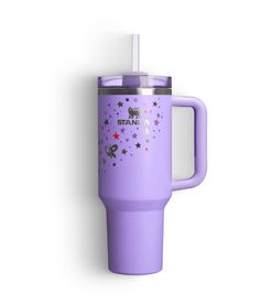 a purple travel mug with stars on it