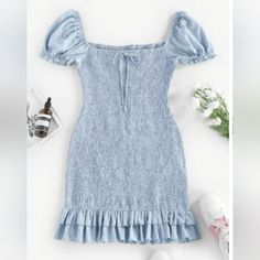 Nwt Powder Blue Smocked Ruffle Off The Shoulder Summer Mini Bodycon Dress Color: Powder Blue Size: Large Condition: New In Package Blue Smocked Mini Dress With Ruffles, Blue Mini Smocked Dress With Ruffles, Casual Light Blue Smocked Dress, Casual Fitted Smocked Dress With Ruffles, Fitted Casual Smocked Dress With Ruffles, Light Blue Ruched Smocked Summer Dress, Summer Light Blue Ruched Smocked Dress, Light Blue Short Sleeve Smocked Dress For Summer, Light Blue Smocked Dress With Short Sleeves For Summer