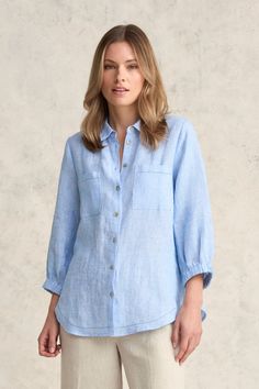 Essential Linen Shirt - Chambray Cross Dye Cotton Button-up Top With Smocked Cuffs, Summer Button-up Tops With Smocked Cuffs, Spring Linen Tops With Roll-up Sleeves, Casual Long Sleeve Top With Smocked Cuffs, Everyday Button-up Tops With Cuffed Sleeves, Classic Summer Blouse With Roll-up Sleeves, Relaxed Fit Work Tops With Smocked Cuffs, Spring Everyday Shirt With Button Cuffs, Spring Shirt With Button Cuffs For Everyday Wear