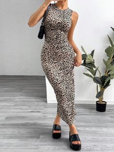 Leopard Print Knitted Sleeveless Bodycon Dress For Women Multicolor Casual  Sleeveless Knitted Fabric Leopard Print,Textured Pattern Tank High Stretch  Women Clothing, size features are:Bust: ,Length: ,Sleeve Length: Casual Halter Neck Sleeveless Bodycon Dress, Casual Halter Neck Bodycon Sleeveless Dress, Vestido Animal Print, Snake Skin Dress, Leopard Print Skirt, Everyday Clothing, Sleeveless Bodycon Dress, Women Long Dresses, Kids Beachwear