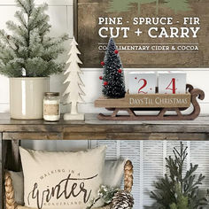 a christmas display with pine trees and other holiday decorations on a wooden table in front of a sign that says pine - spruce fir cut + carry, culinary cider & cocoa