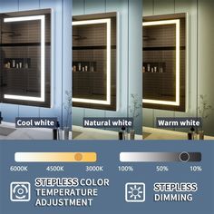 three different types of bathroom mirrors with dimming lights on each side and below them