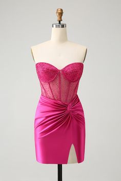 Sparkly Fuchsia Tight Beaded Corset Strapless Homecoming Dress Strapless Homecoming Dresses, Homecoming Dresses Sparkly, Lovely Partner, Mini Homecoming Dresses, Short Party Dress, Dress Occasion, Short Homecoming Dress, Sophisticated Dress, Hoco Dresses