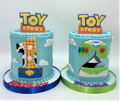 two birthday cakes with toy story characters on them