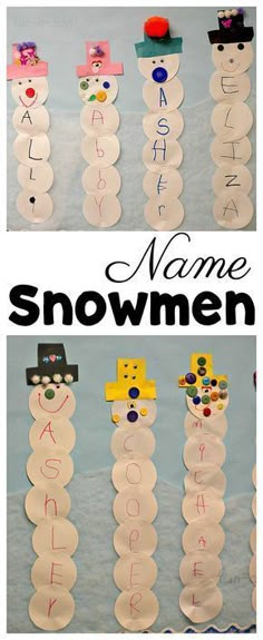 snowmen made out of paper plates with the words name and number written on them