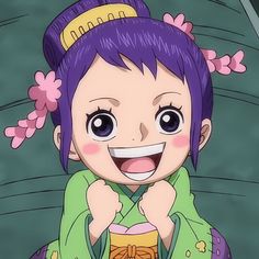 an anime character with purple hair and blue eyes smiles while holding a box in her hand