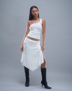 Ivory Midi Side Split Skirt | Chenoa – motelrocks-com-us Low Rise Midi Skirt, Side Split Skirt, Asymmetrical Midi Skirt, Lettuce Hem, Black Satin Dress, Split Skirt, Strappy Top, Bandeau Dress, Mesh Skirt