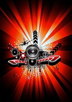 an abstract red and black background with speakers